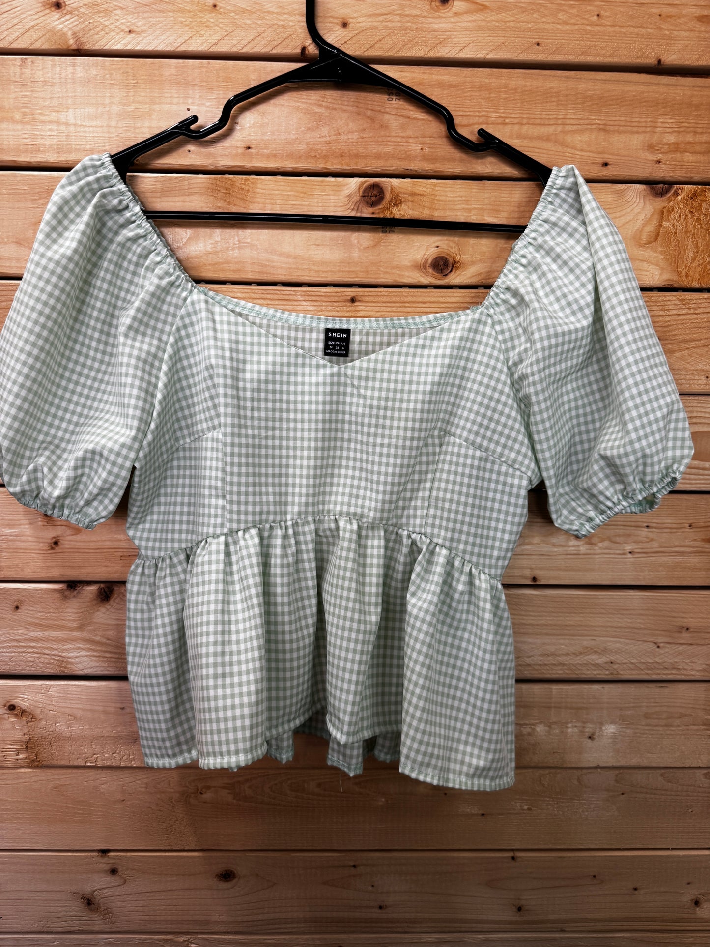 SHEIN Sage Gingham Peplum Top M