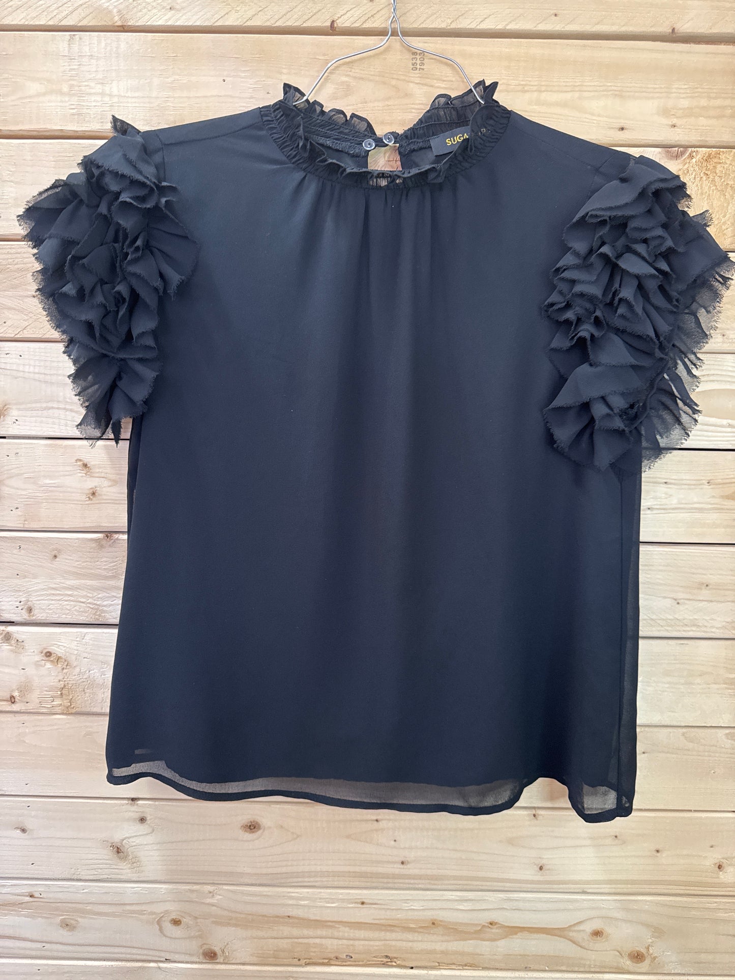 Sugar Lips Black Ruffle Sleeve Blouse M